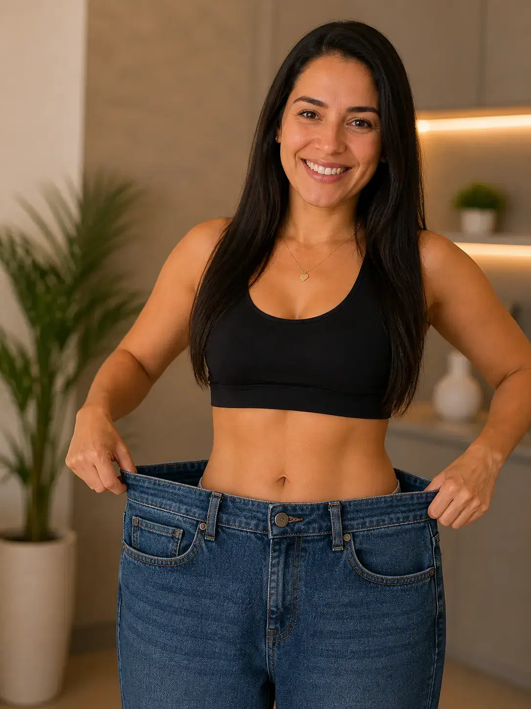 Mulher com calça larga após emagrecer