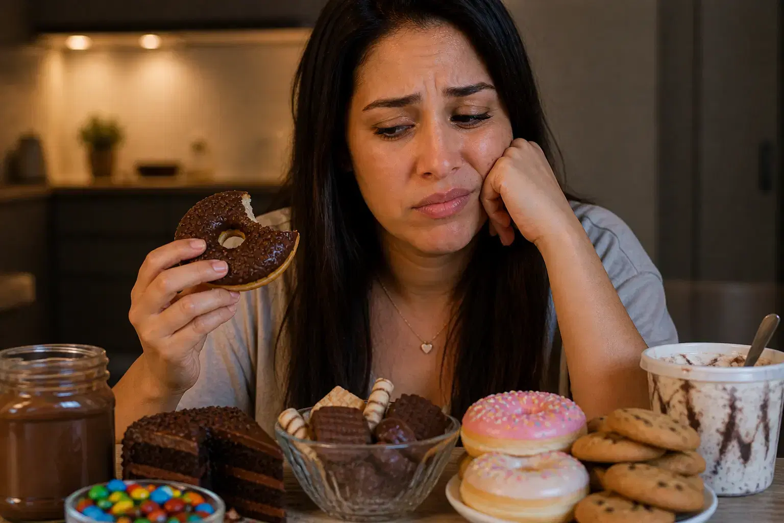 Mulher triste com vontade de doces